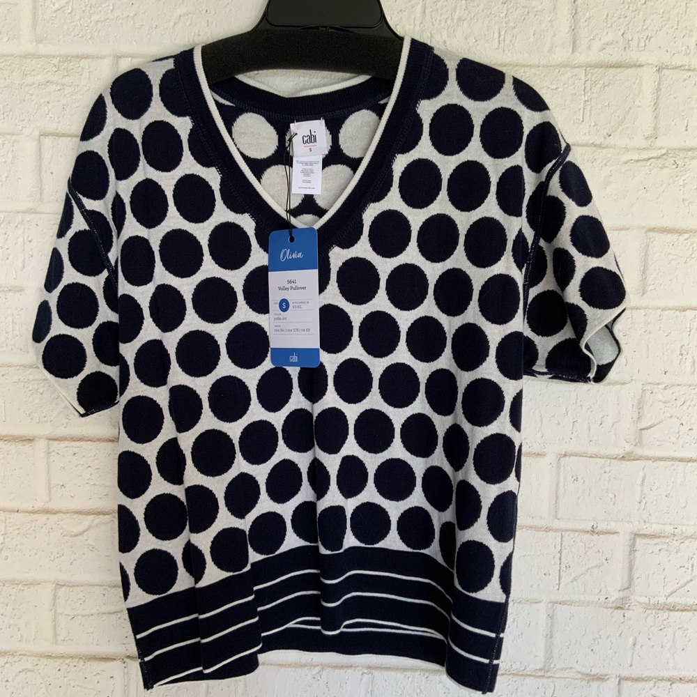 CAbi Navy and White Polka Dot Sweater